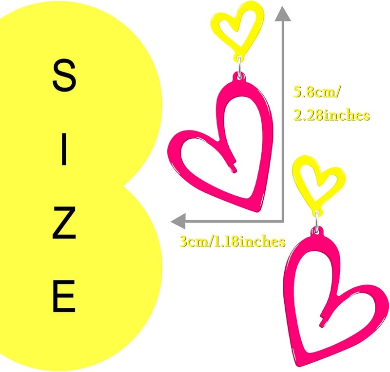 HOLYRY Neon Heart Earrings for Women Acrylic Neon Earrings 80s 90s Outfit for Women Glow Party Accessories Gifts Hot Pink Orange Green Yellow - Image 2